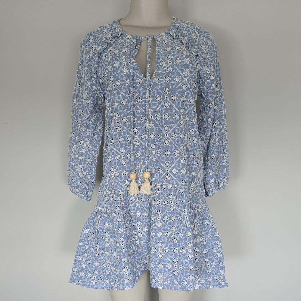 Shoshanna blue/white eyelet drop waist dress-XS
